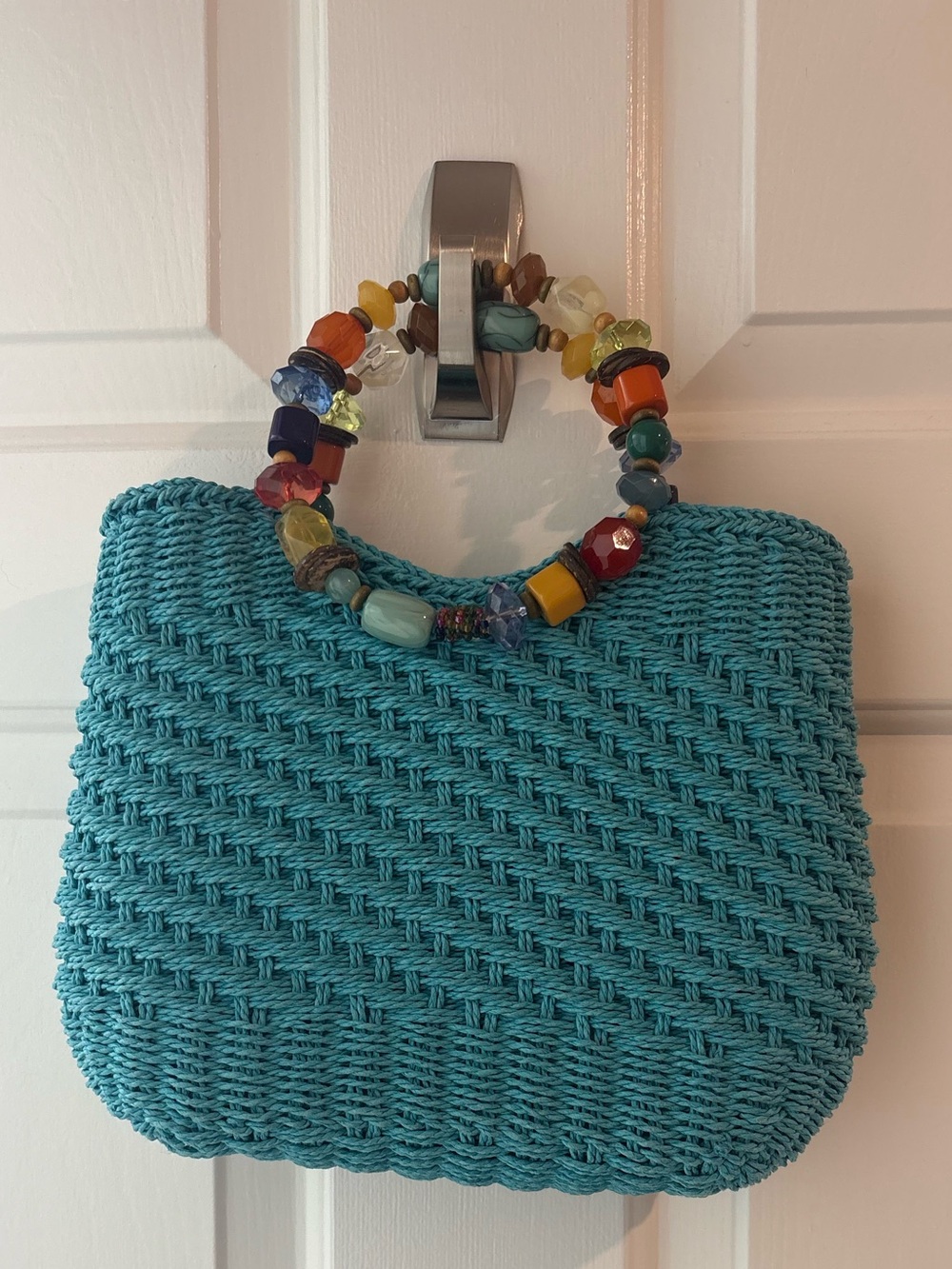 Turquoise Woven Wristlet with Multicolor Beaded Handle